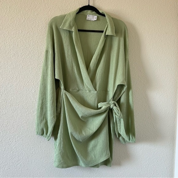 ASOS Women’s Dress Sz 12 Light Green Drop Shoulder Long Sleeve Faux Wrap Front - Picture 1 of 10